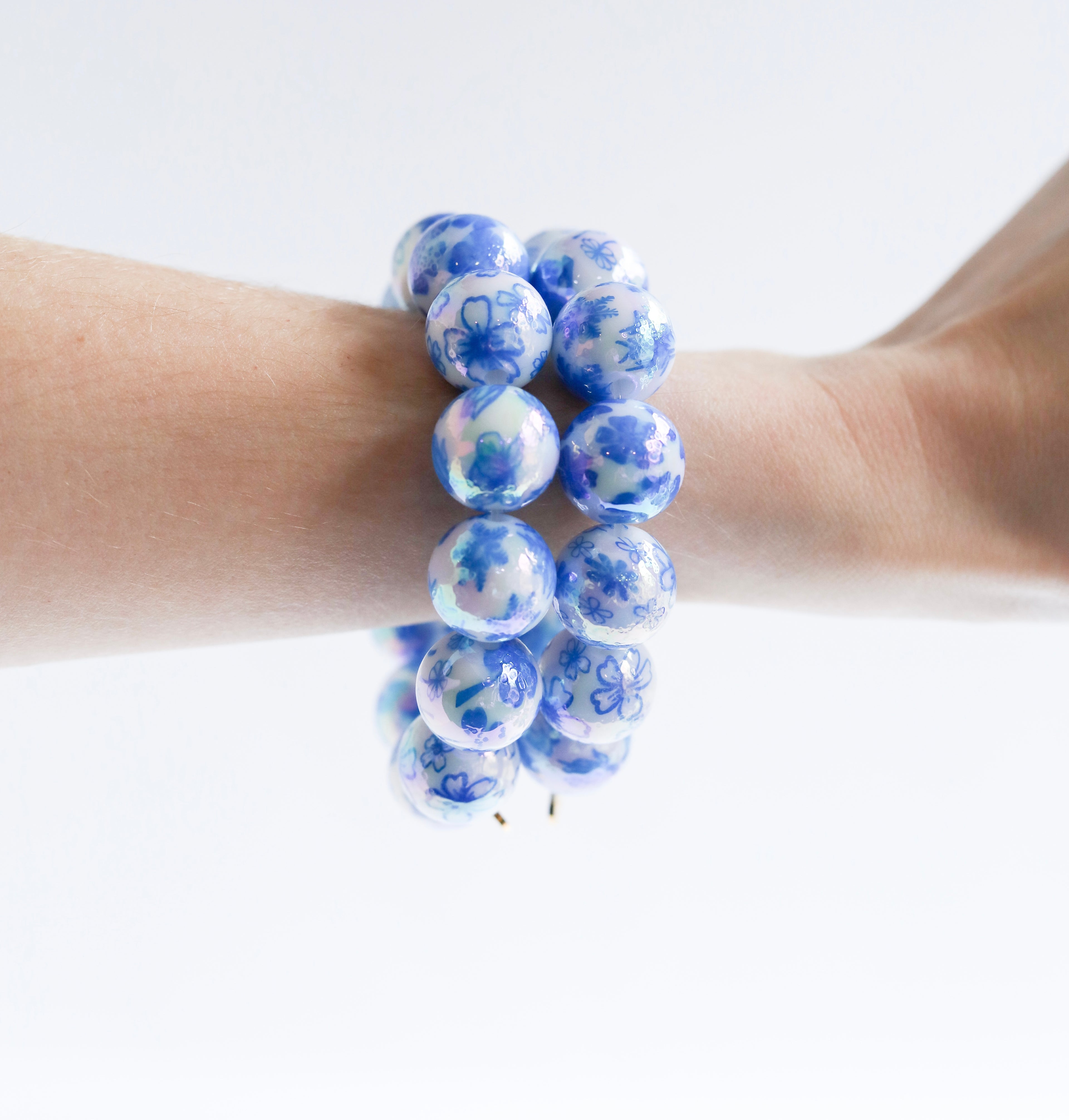 Large Bead Blue Porcelain Print Bracelet