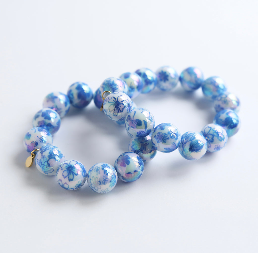 Large Bead Blue Porcelain Print Bracelet
