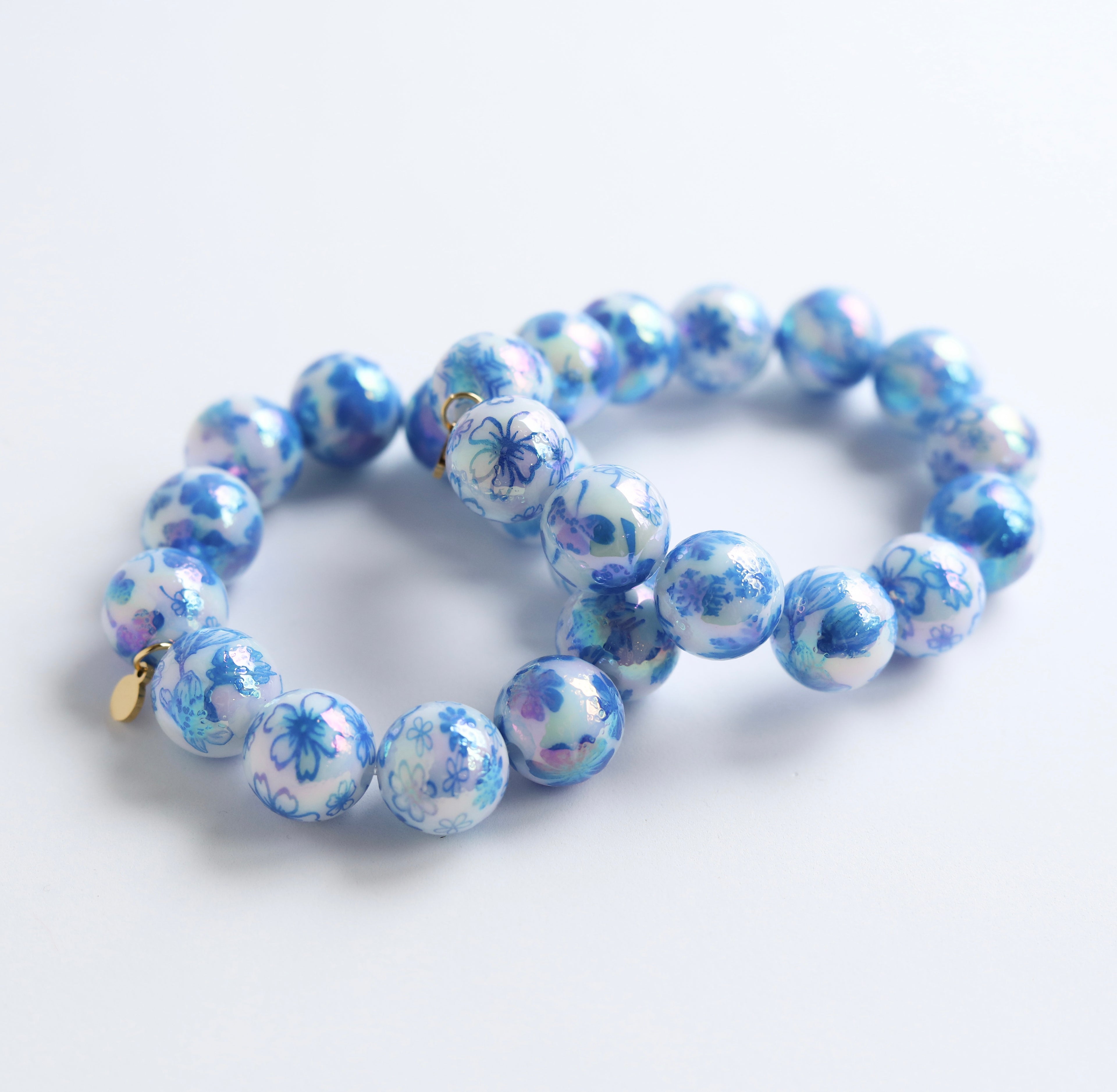 Large Bead Blue Porcelain Print Bracelet