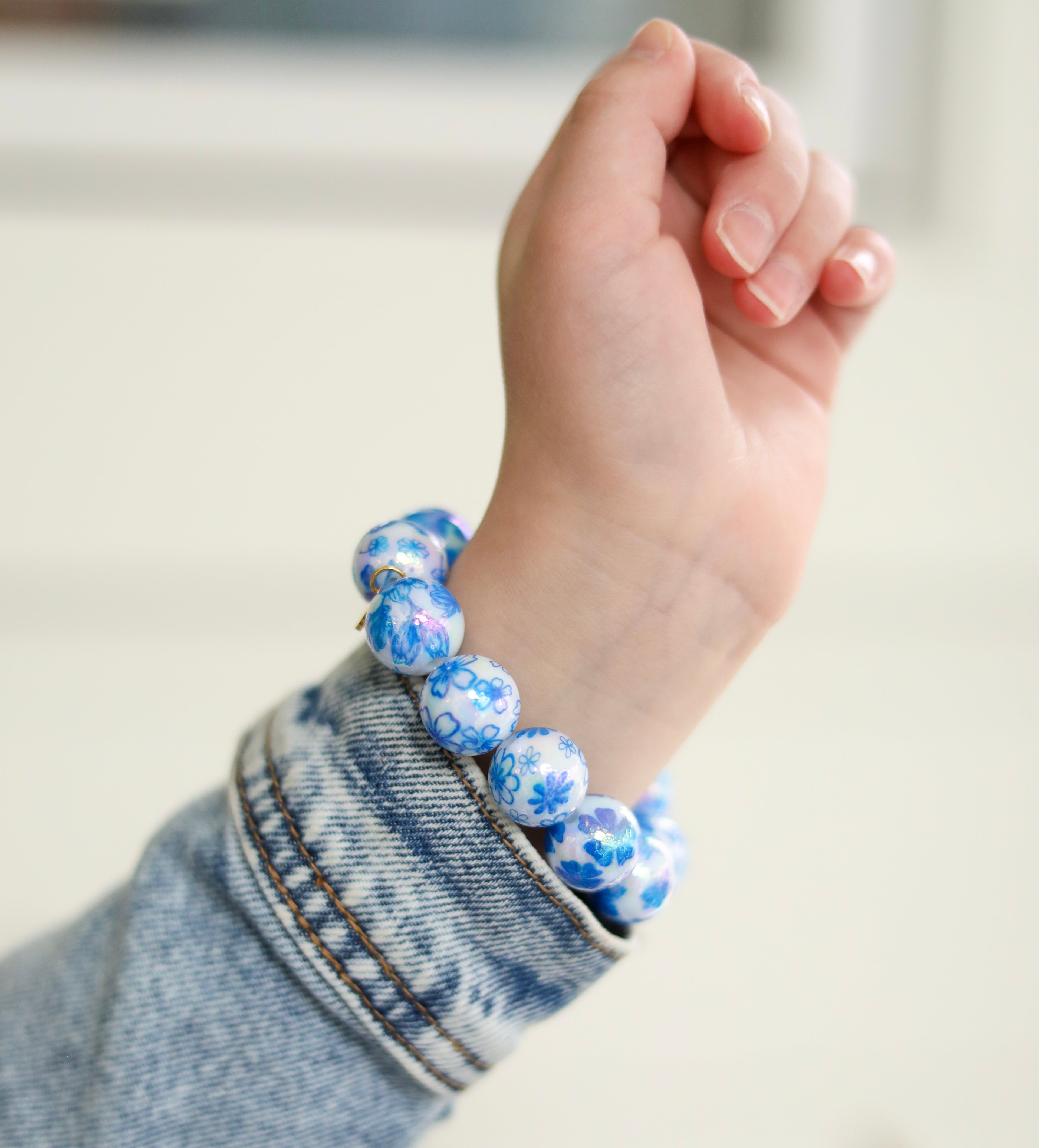Large Bead Blue Porcelain Print Bracelet